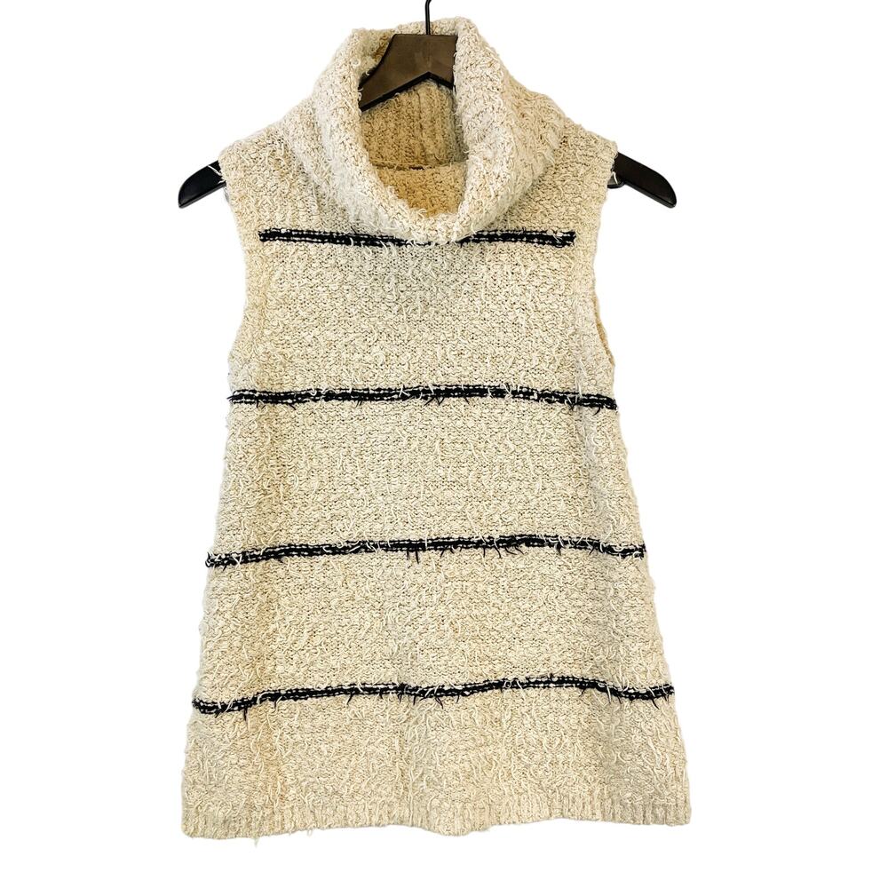 Lilla P XS Thick Cotton Blend Knit Sleeveless Turtleneck Sweater Cream Stripe